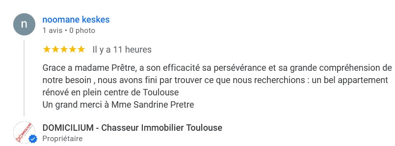 Avis Domicilium Chasseur Immobilier Toulouse 5 étoiles