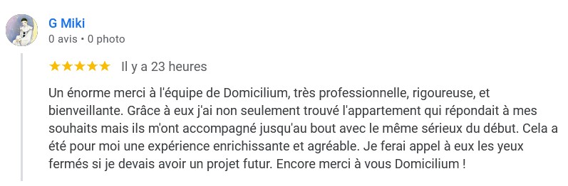 Témoignage client Domicilium - 5 étoiles meilleur chasseur immobilier Toulouse